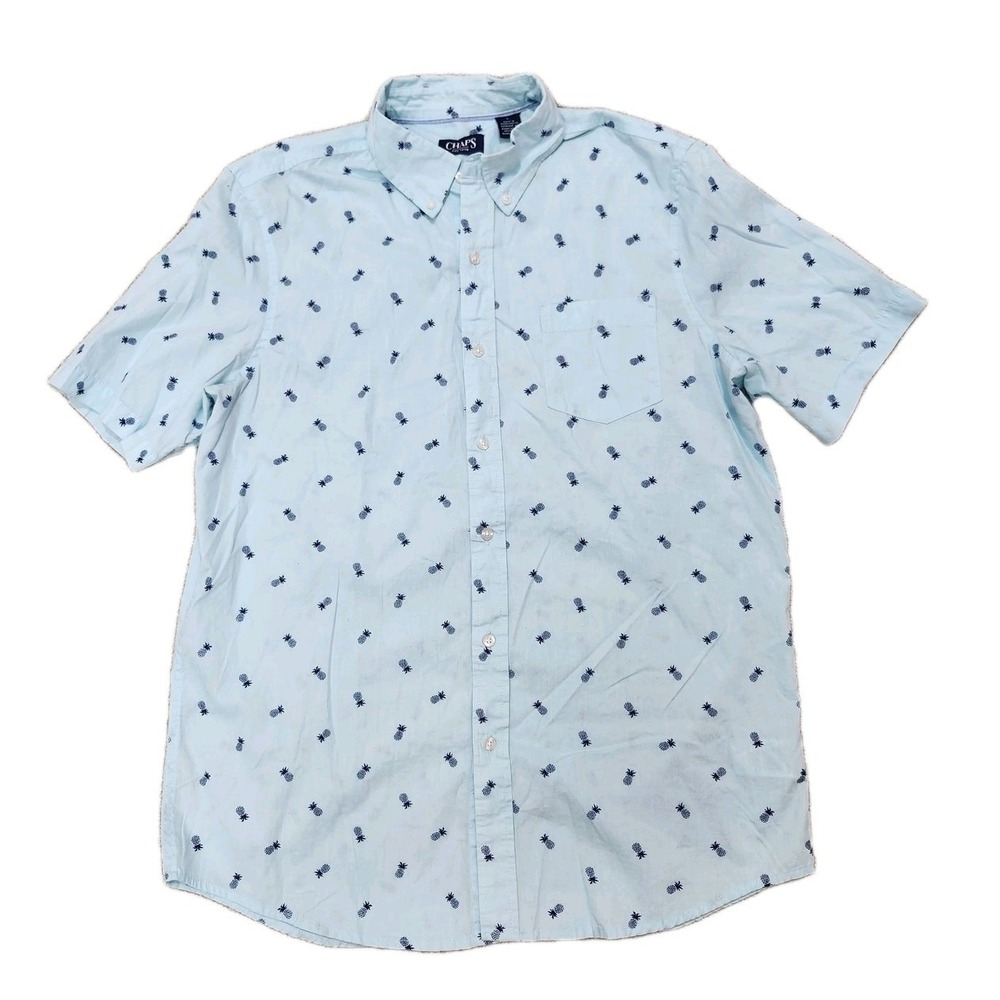 Chaps Shirt Short Sleeve Pineapple Print Light Blue Cotton Casual‎ Large